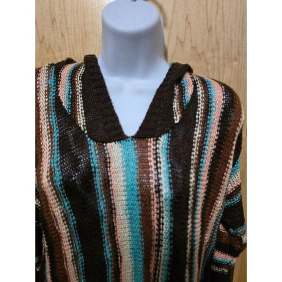 Rock & Roll Denim Striped Knit Sweater With Hood - Brown/Blue/White/Pink Boho - Picture 1 of 8